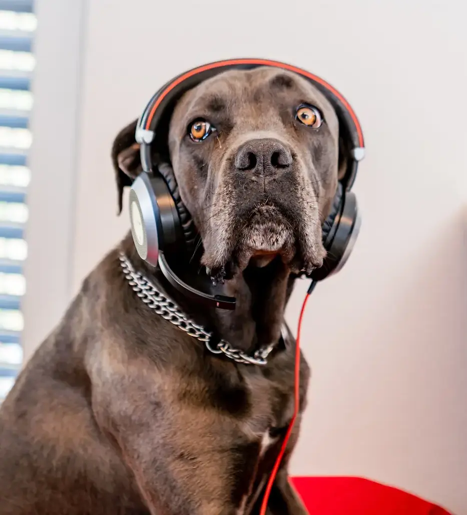 Hund mit Kopfhörern schaut in Kamera