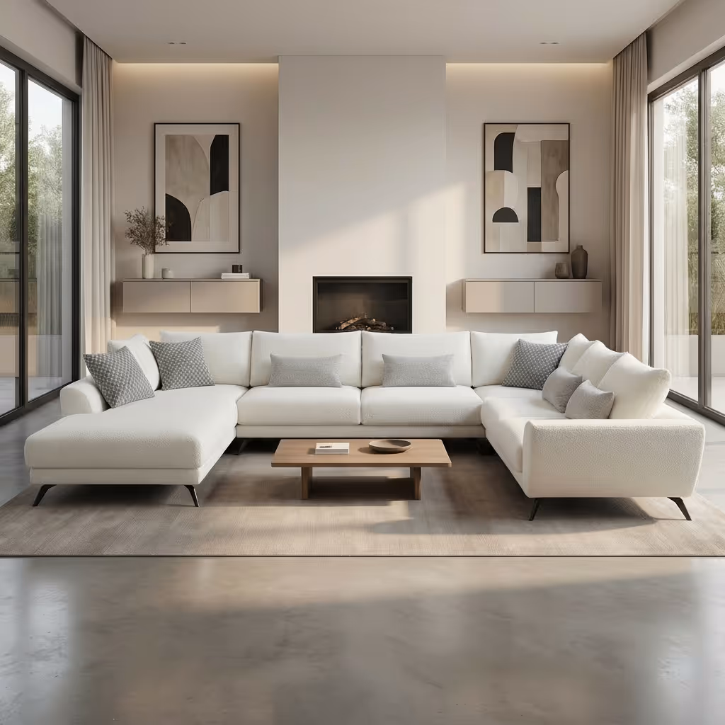 U-образен диван с шезлонг и терминал, изработен от дамаска клас 1.