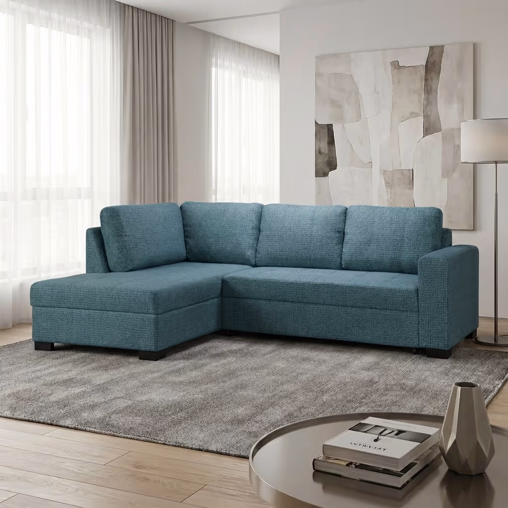 Разтегателен диван с плавно разтягане, ракла и подматрак, подходящ за ежедневен сън и практично съхранение.