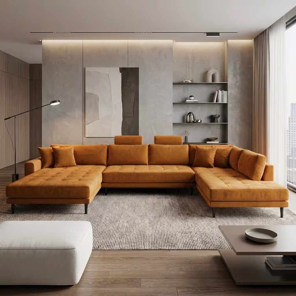 U-образен диван с шезлонг и терминал, изработен от дамаска Клас 2.