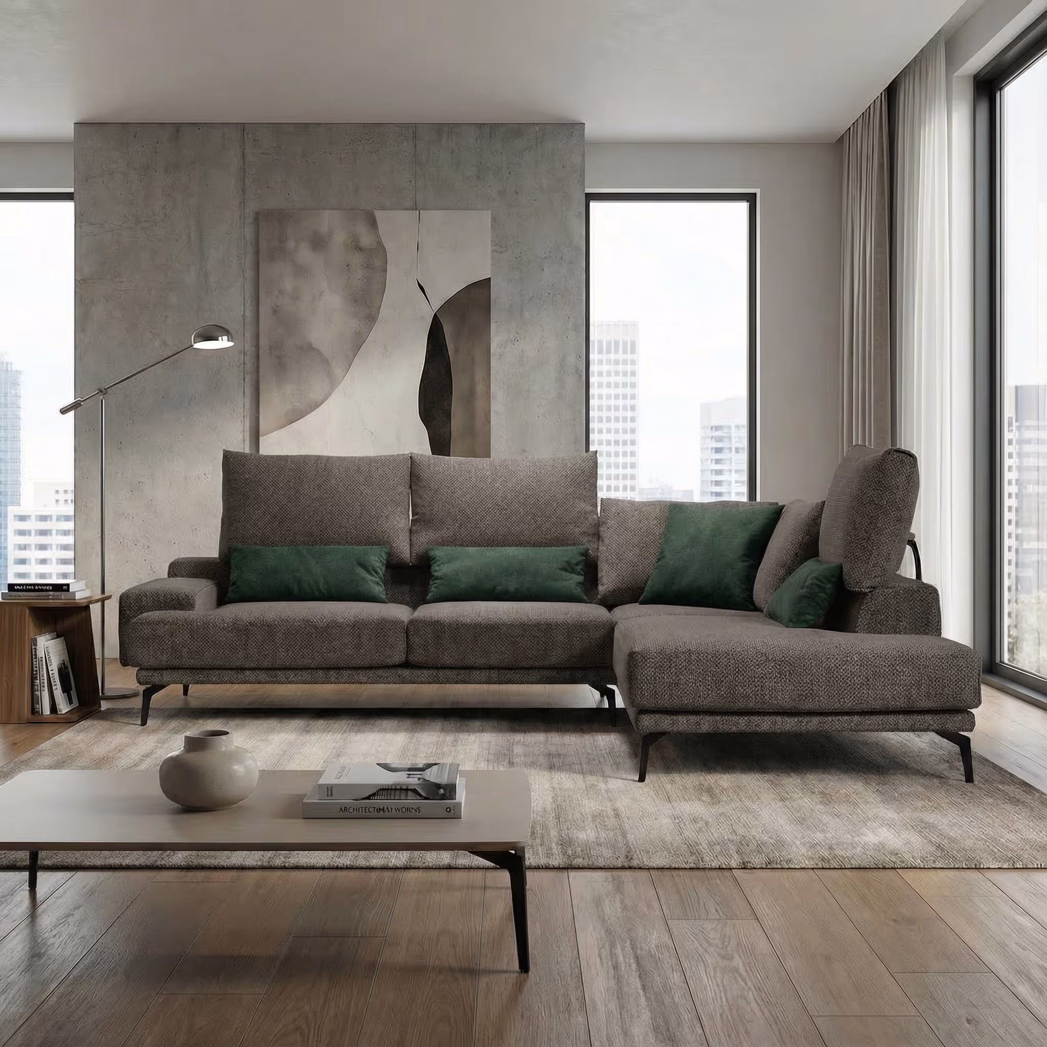 Ъглов диван с функция "Клик" на облегалките, изработен от дамаска Клас 1.