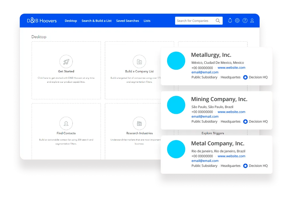 Imagem da plataforma D&B Hoovers, mostrando as ferramentas principais, entre elas, o campo de busca por empresas.