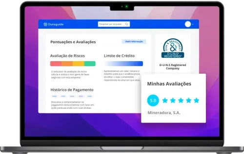 Imagem do dashboard do Dunsguide, mostrando a avaliação de risco, histórico de pagamento, e limite de crédito do fornecedor.