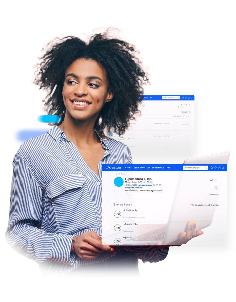 Mulher navegando na plataforma D&B Hoovers para identificar novos clientes globais.