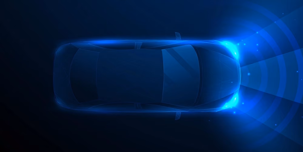 Ilustração de carro autônomo em azul, destacando tecnologia e controle, alinhado à gestão de fornecedores da BYD.