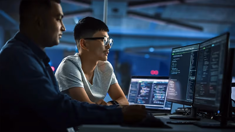 Duas pessoas analisando códigos em várias telas de computador, em um ambiente de trabalho, focadas em segurança de dados.