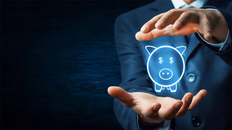 Holograma de um porquinho com cifrões nos olhos, que ilustra a ideia de economia financeira.