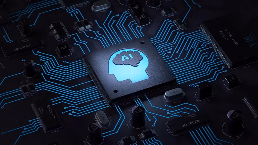Ilustração de um circuito e, ao centro, um chip com a sigla AI, Inteligência Artificial.