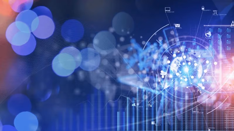 Imagem de hologramas de gráficos e ícones de e-commerce, segurança digital, e-mail, computadores e internet.