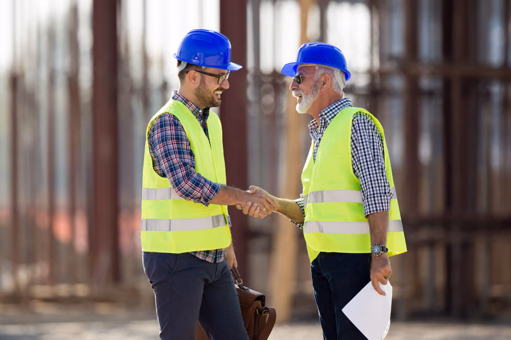 Dois homens empreiteiros cumprimentando-se com aperto de mão, representando o relacionamento com fornecedores