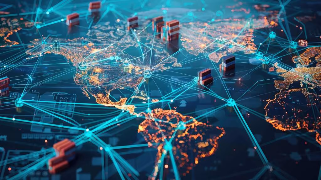 Representação digital de um mapa mundi com conexões em logística e cadeia de suprimentos