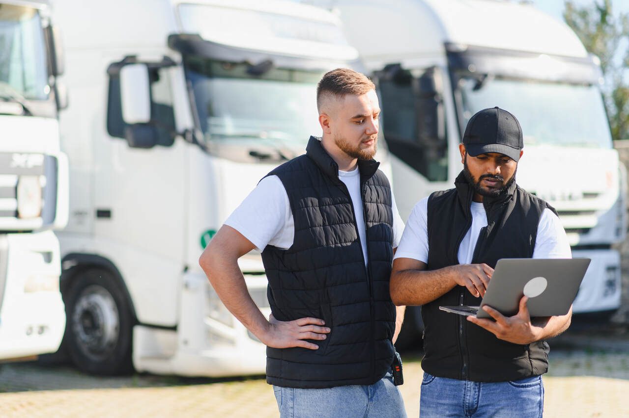 Transporte logístico com caminhões e operadores utilizando tablet para monitoramento da cadeia de fornecimento em operação