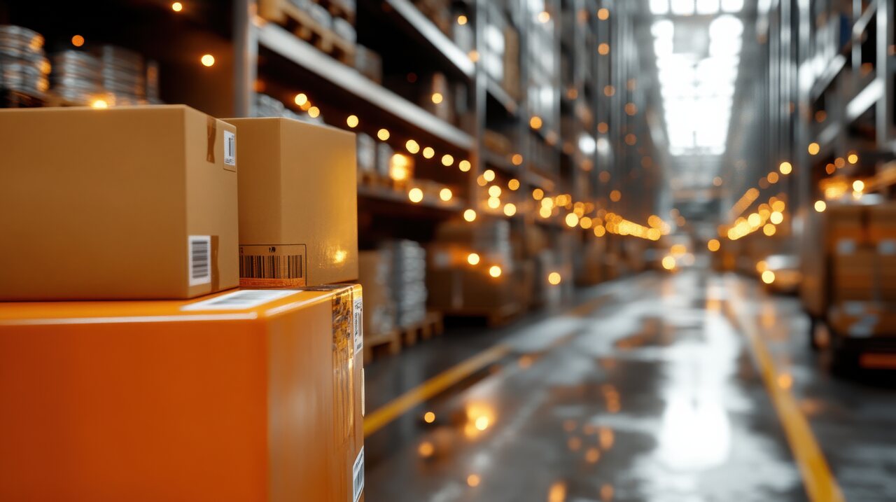 Armazém com caixas e estoque organizado, representando distribuição, armazenamento e fluxo logístico na gestão de suprimentos