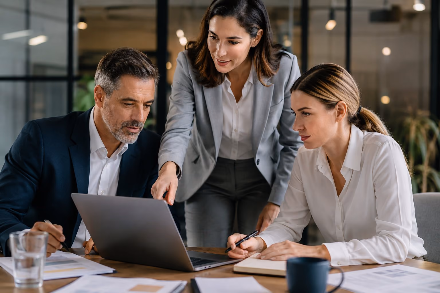 Executivos analisando dados financeiros e crédito corporativo em reunião estratégica em escritório moderno.