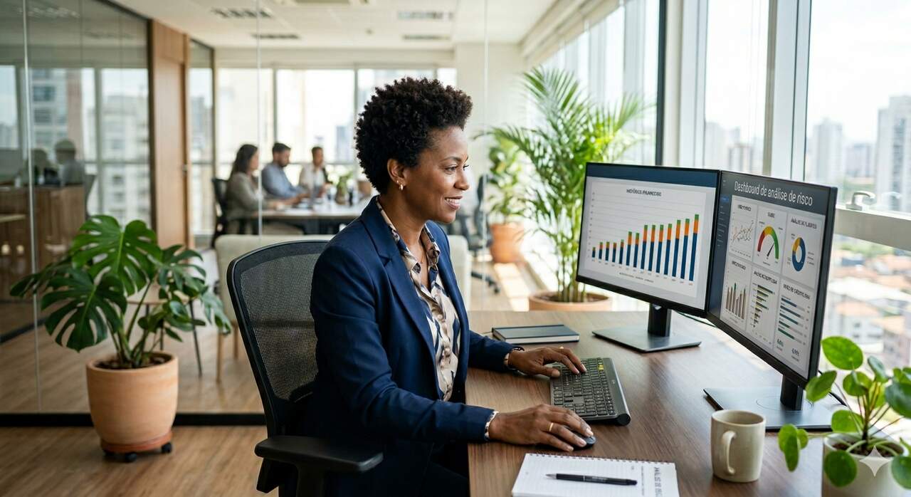 Especialista realizando análise de crédito automatizada em sistema com dashboards de risco e indicadores financeiros.