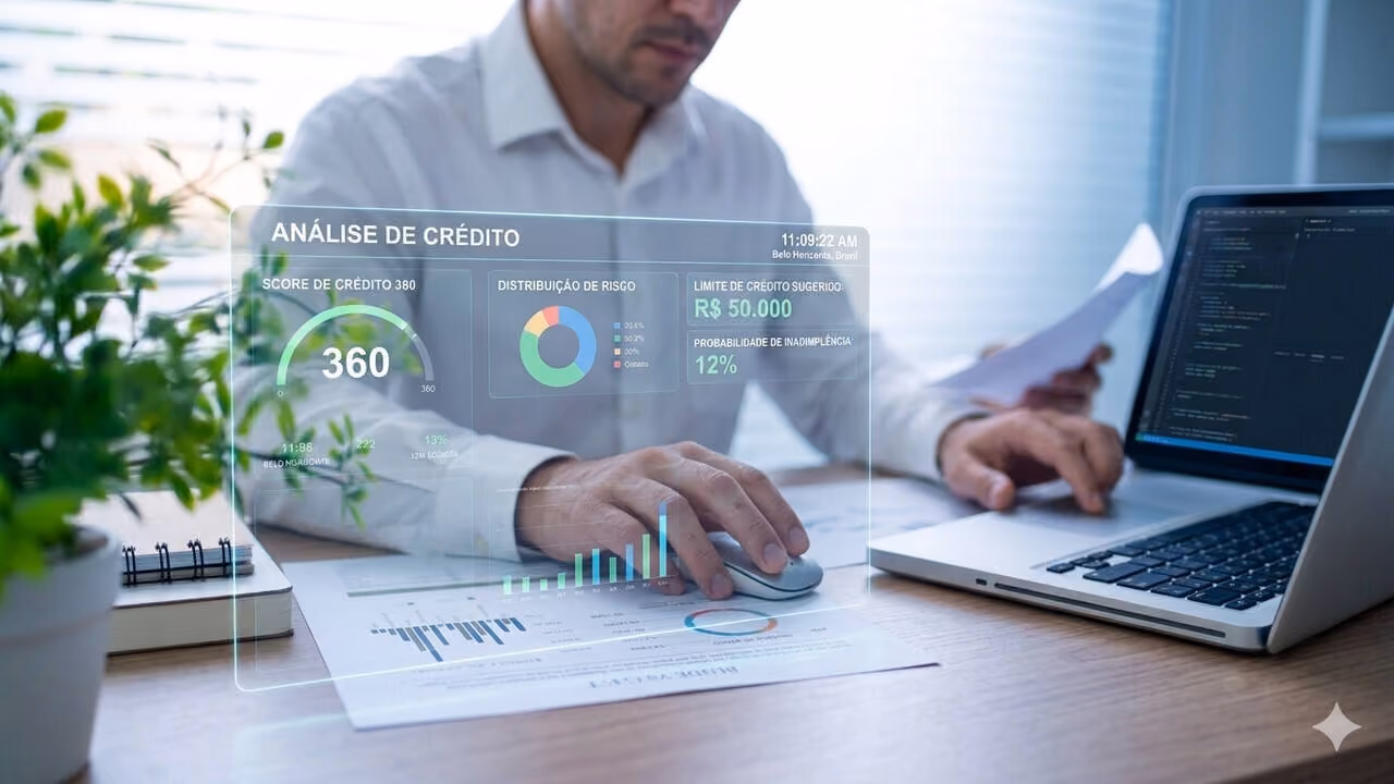 Profissional utilizando plataforma inteligente de avaliação de risco e score financeiro com painéis de dados, métricas de inadimplência e limite de crédito sugerido.