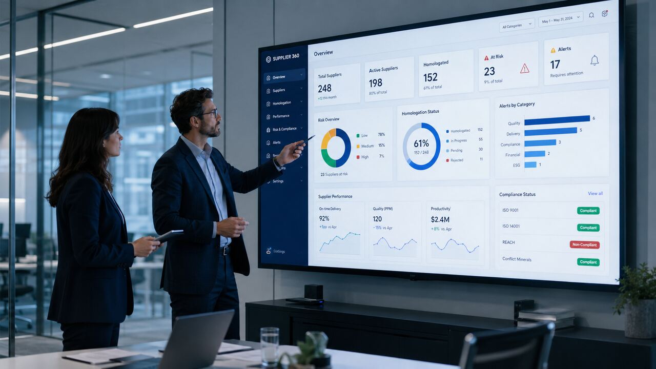 Profissionais analisam dashboards que representam a automação de processos administrativos e empresariais dentro da gestão de fornecedores para apoiar decisões baseadas em dados.