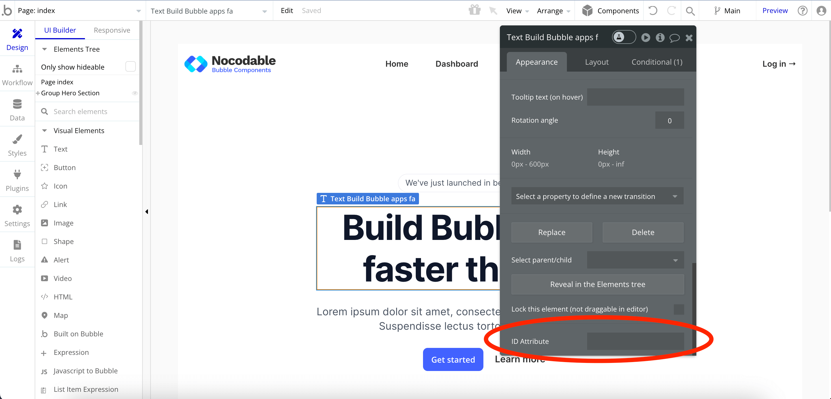 adding custom css in bubble.io within the ID attribute input