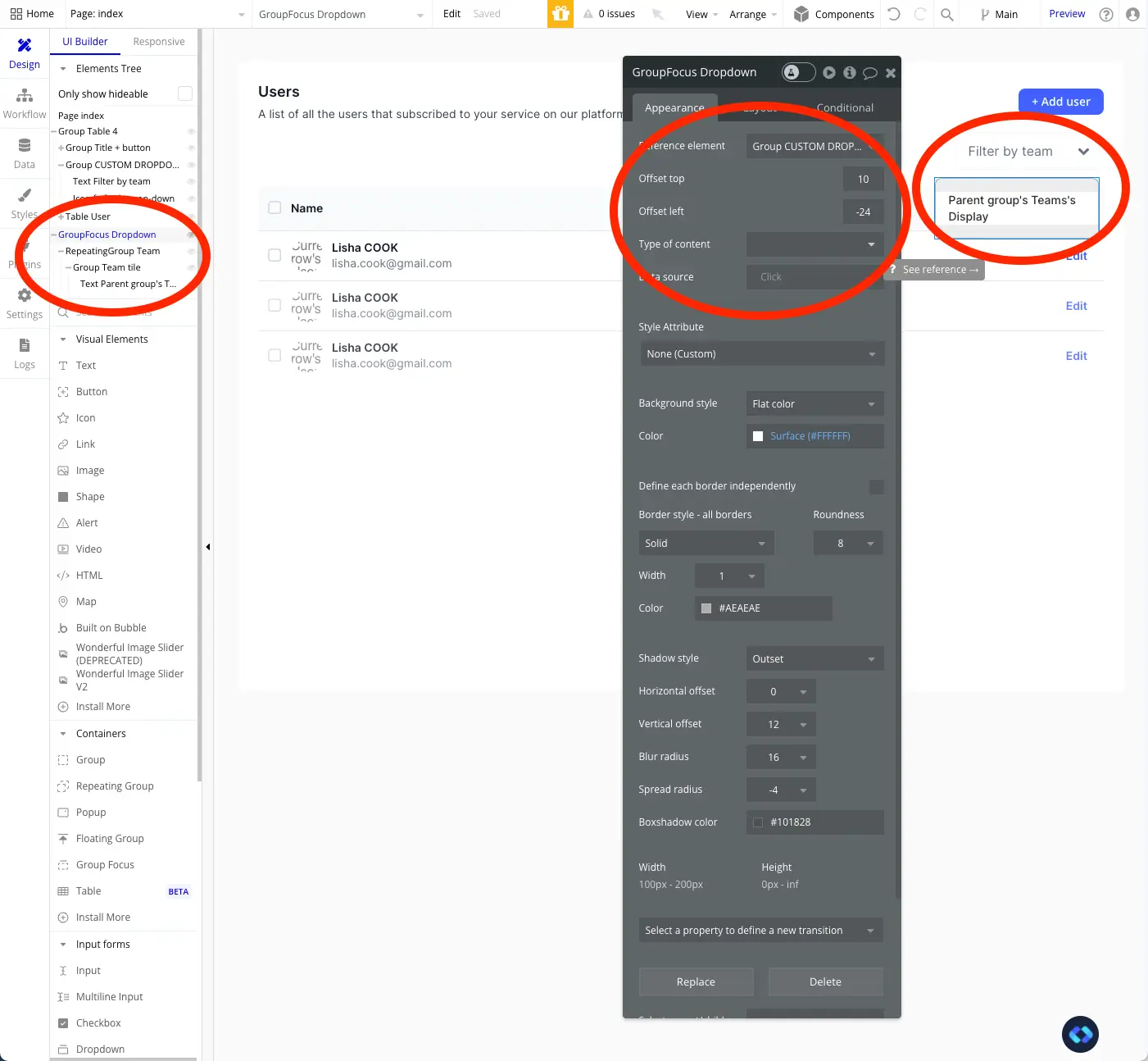 an image that shows the settings needed to design a custom dropdown element in bubble