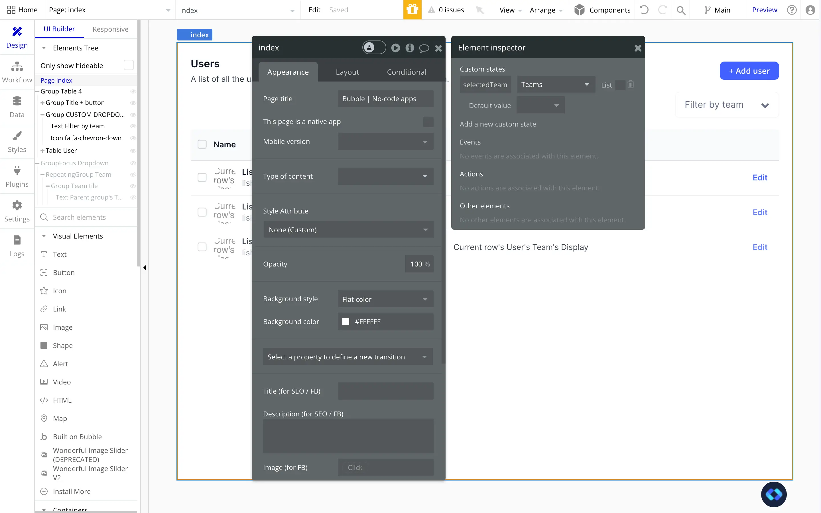 a screenshot of a custom state used to build a custom dropdown in Bubble.io