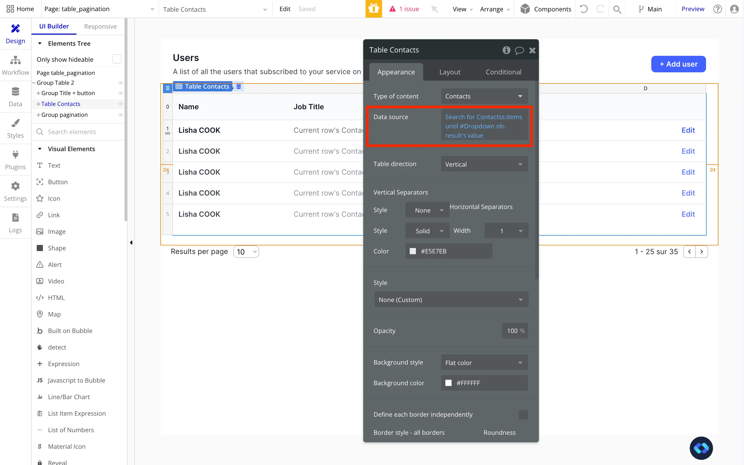 bubble pagination for tables