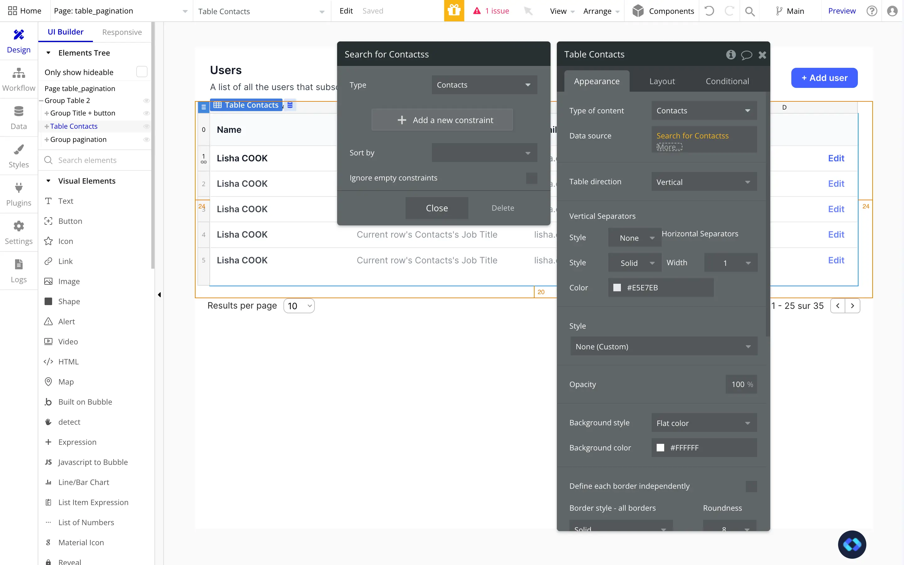 bubble.io pagination for table elements