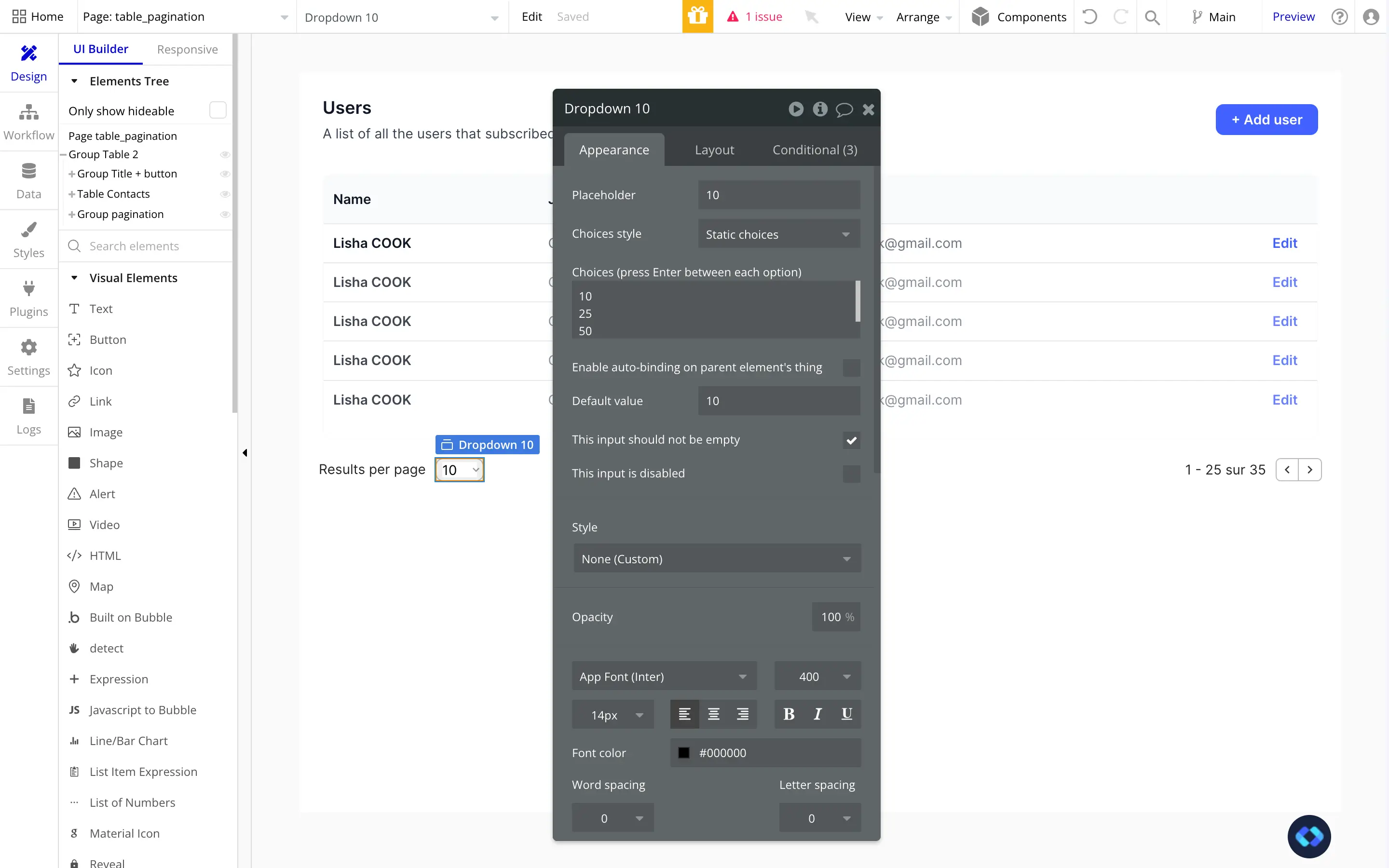 bubble.io pagination table number of results per page