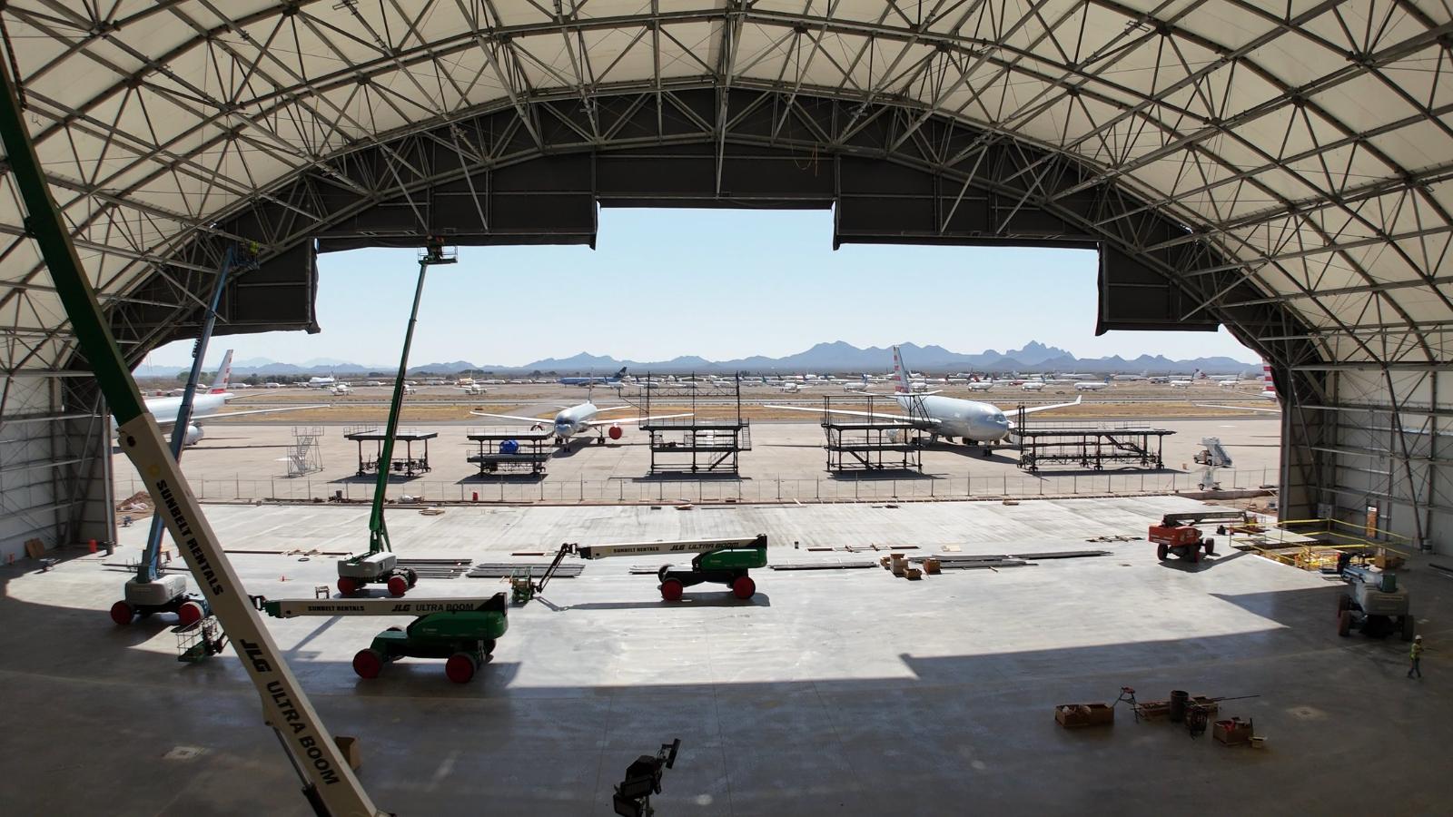 Hangar interior with the doors open to the apron