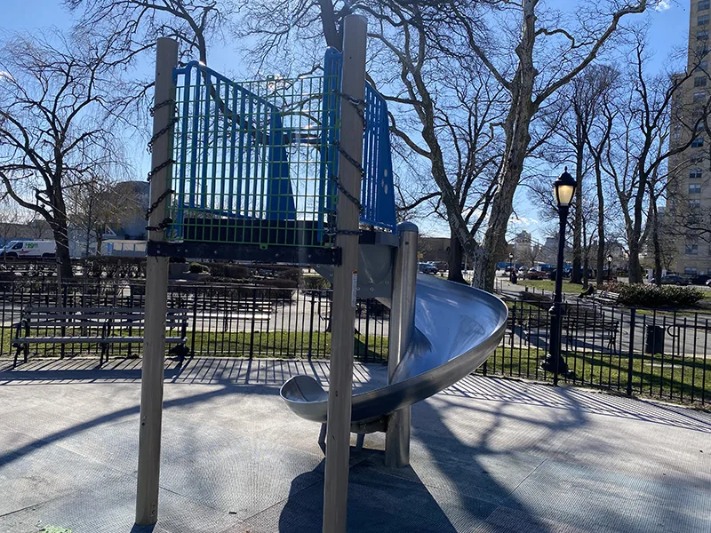 The spiral slide is inaccessible because of teh fire