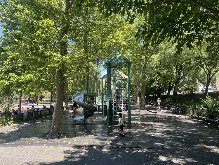 The end of the climbing structure in the Anne Loftus playground in Inwood