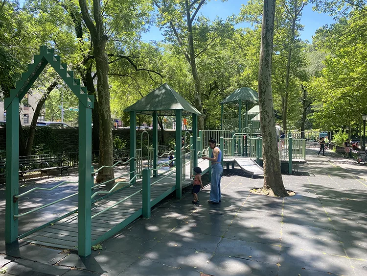 The ramps are the easiest way up this playground structure at Anne Loftus Playground in Inwood
