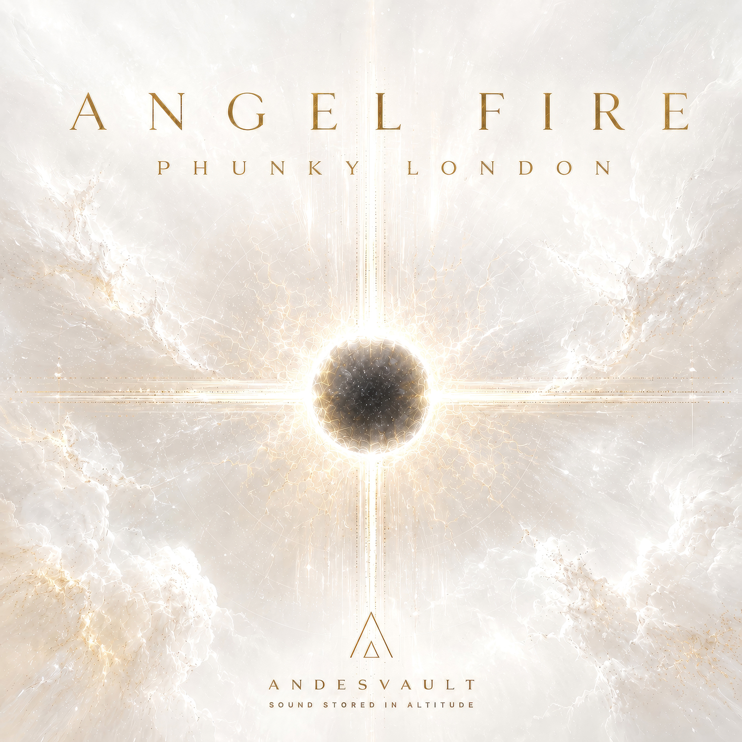 Cover artwork for 'Angel Fire' by Phunky London, featuring a luminous celestial formation surrounding a dark static void.