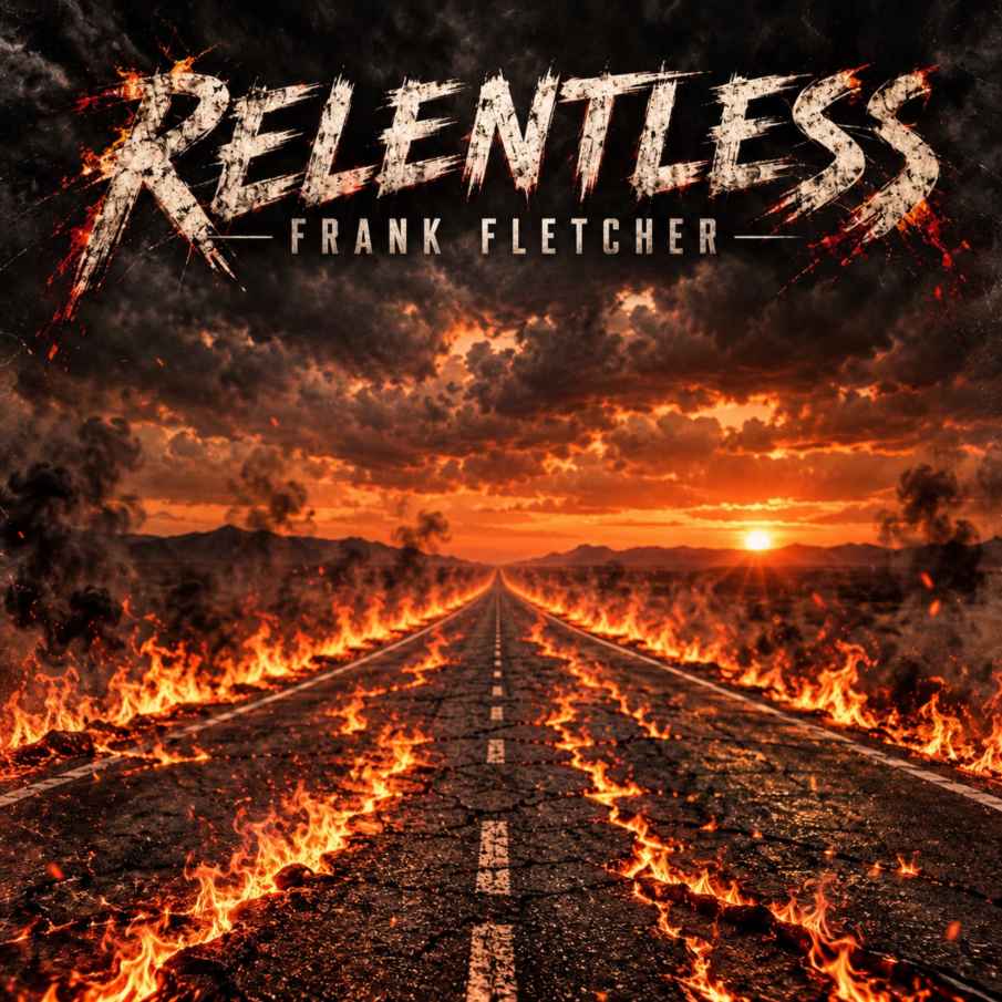 Frank Fletcher’s “Relentless” cover art showing a cracked, burning highway beneath dark clouds.