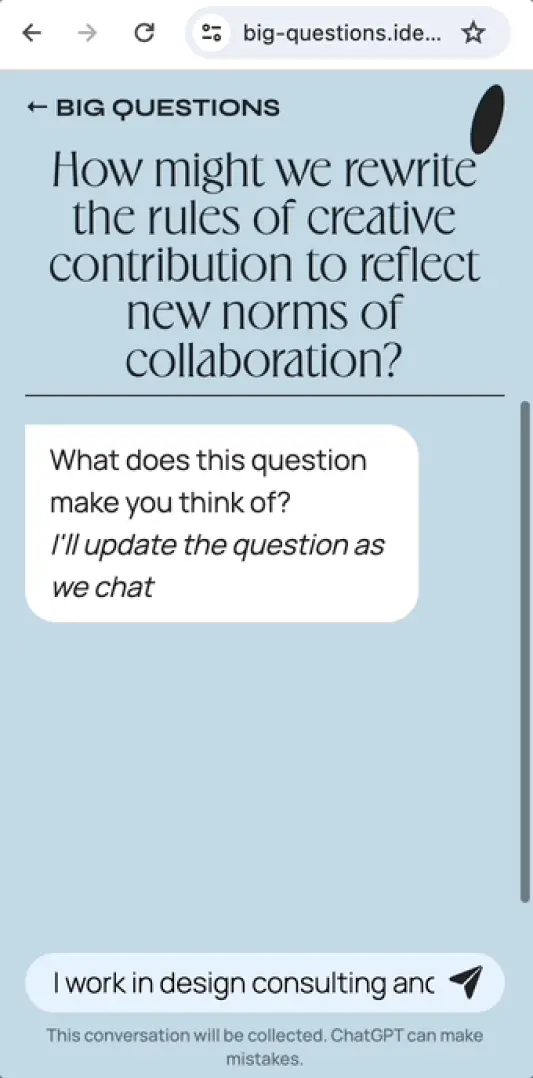 Screenshot of the Big Questions conversation interface.