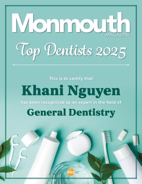 Certificate from Monmouth Magazine recognizing Khani Nguyen as a top dentist in 2025 for expertise in General Dentistry, with dental care items and green leaves at the bottom.