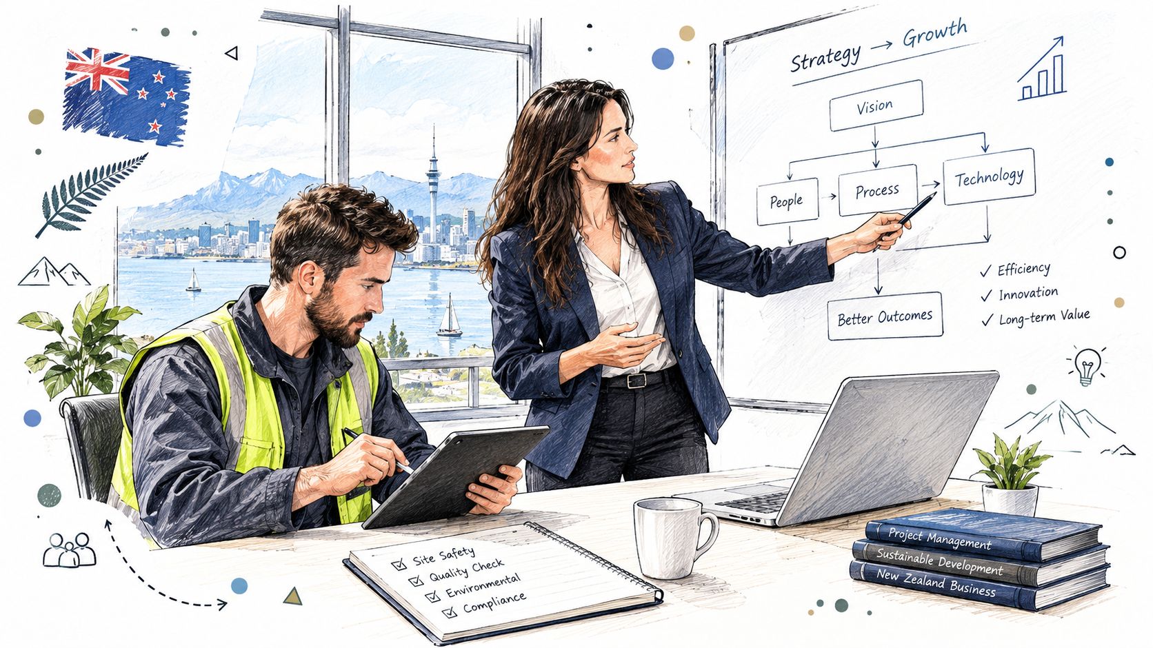 A professional woman in a suit explaining a business growth strategy chart to a man in work gear.