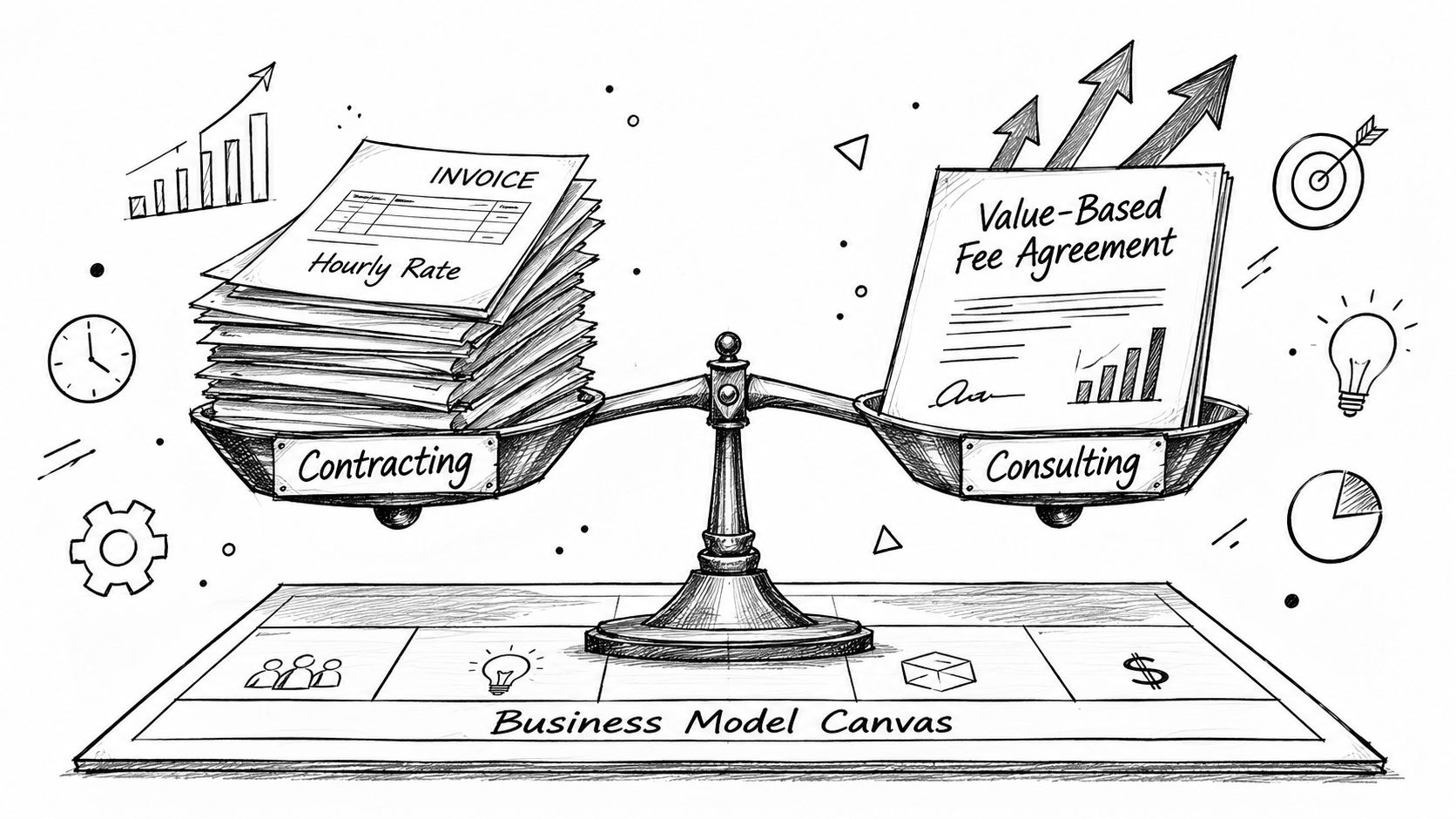 A conceptual drawing of a scale balancing a stack of invoices for contracting against a consulting agreement.