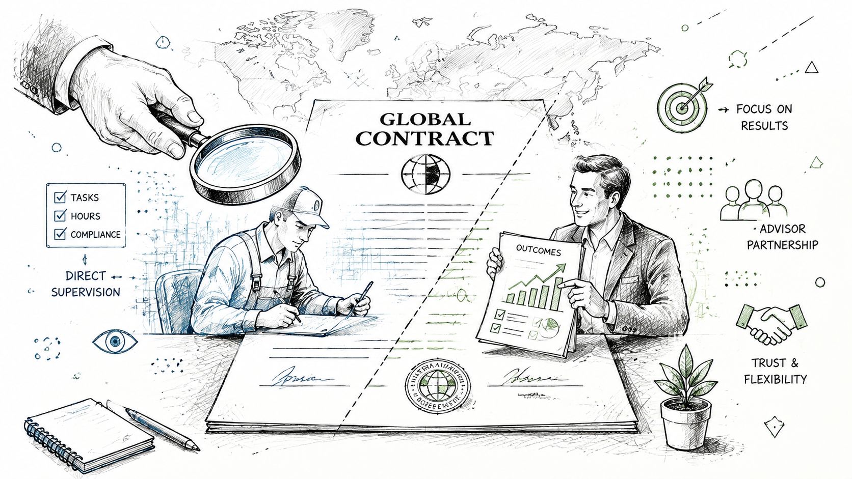A hand-drawn illustration contrasting a direct task-based employment contract with a results-oriented consulting partnership.