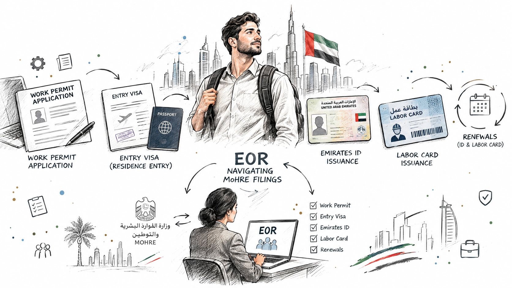 A professional illustration depicting the Employer of Record process for navigating MOHRE filings in the UAE.