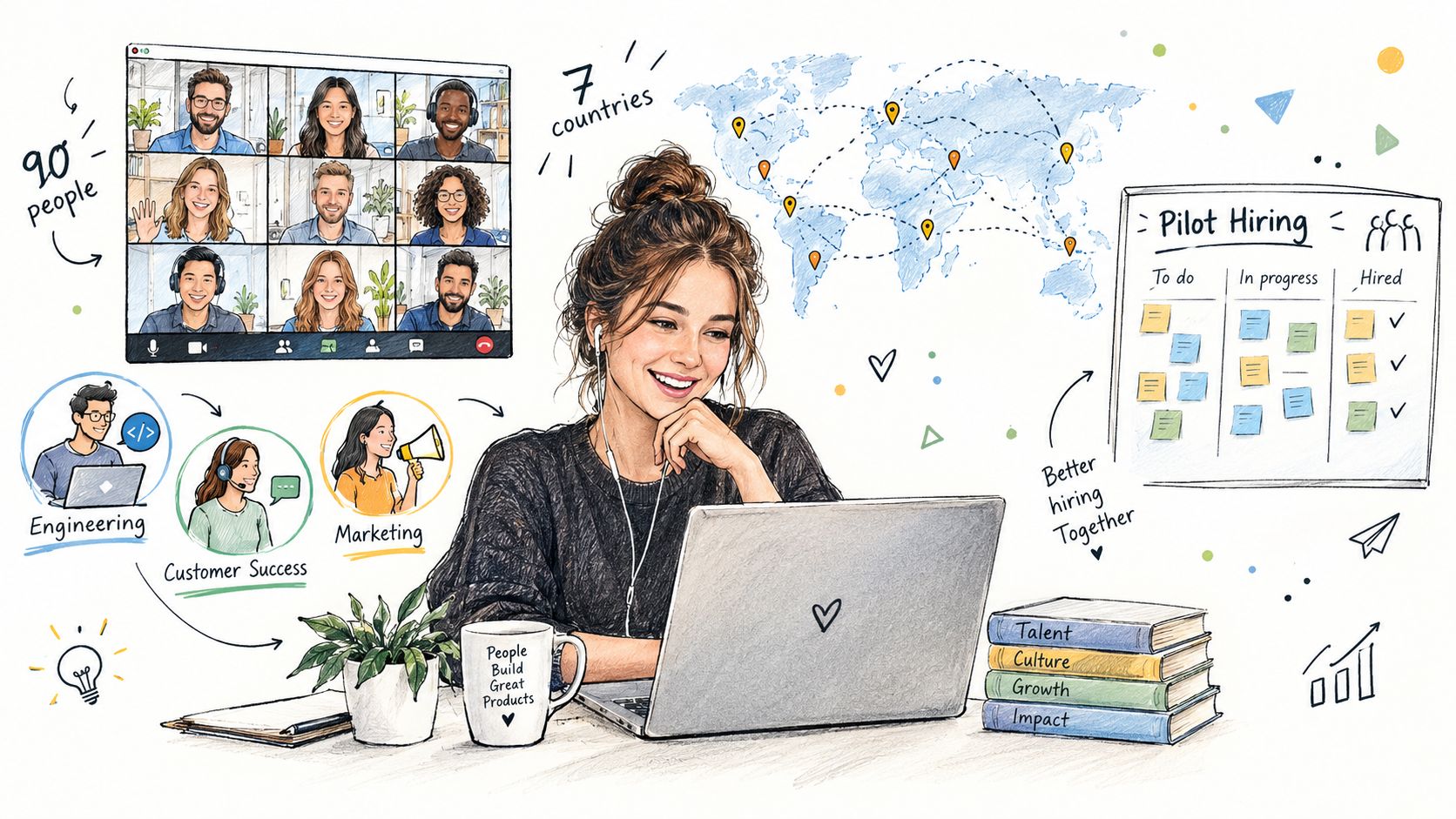 A woman working remotely on a laptop, coordinating global hiring processes with a team and whiteboard.