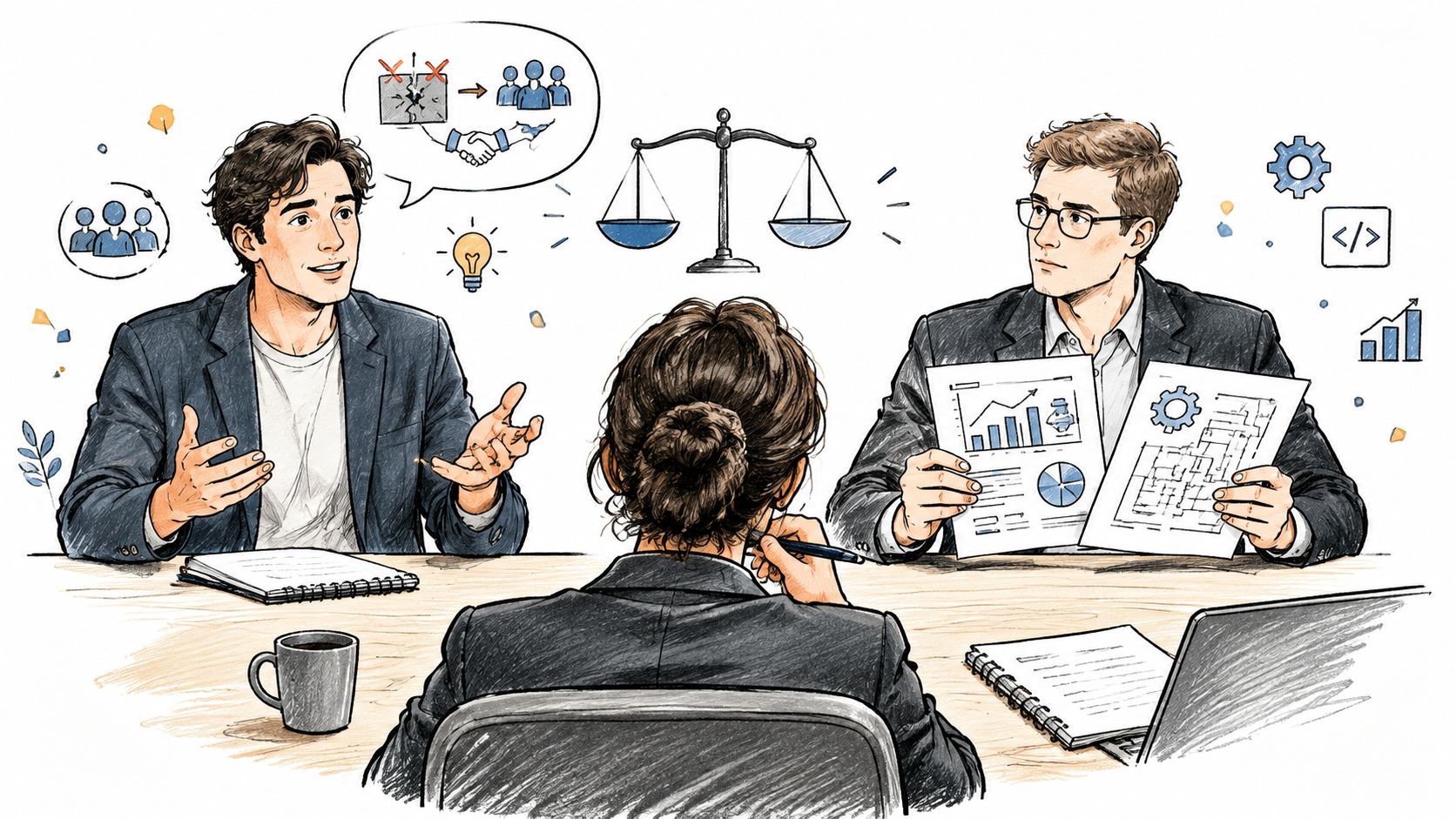 A professional business meeting featuring a woman taking notes while two men discuss strategy and data.