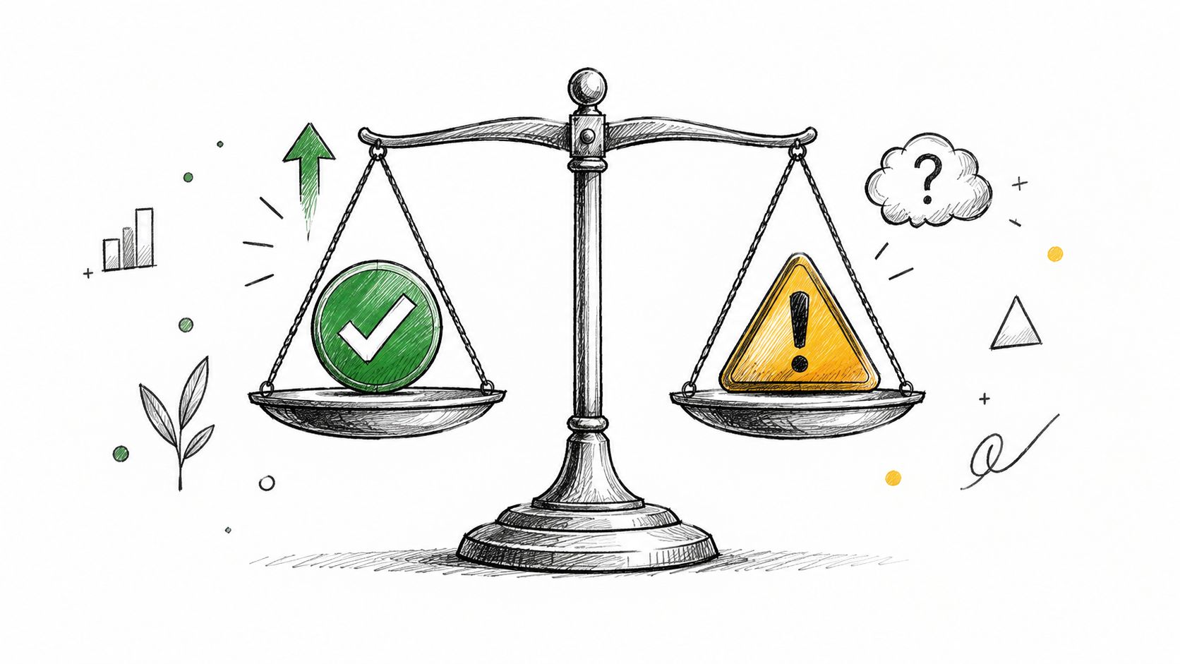 A sketched scale balancing a green checkmark symbol against a yellow warning triangle with an exclamation mark.