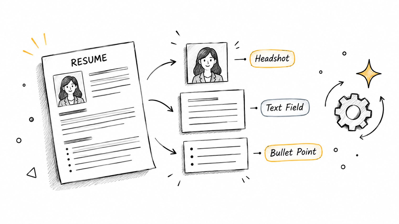 A hand-drawn illustration depicting a resume being broken down into a headshot, text fields, and bullet points.