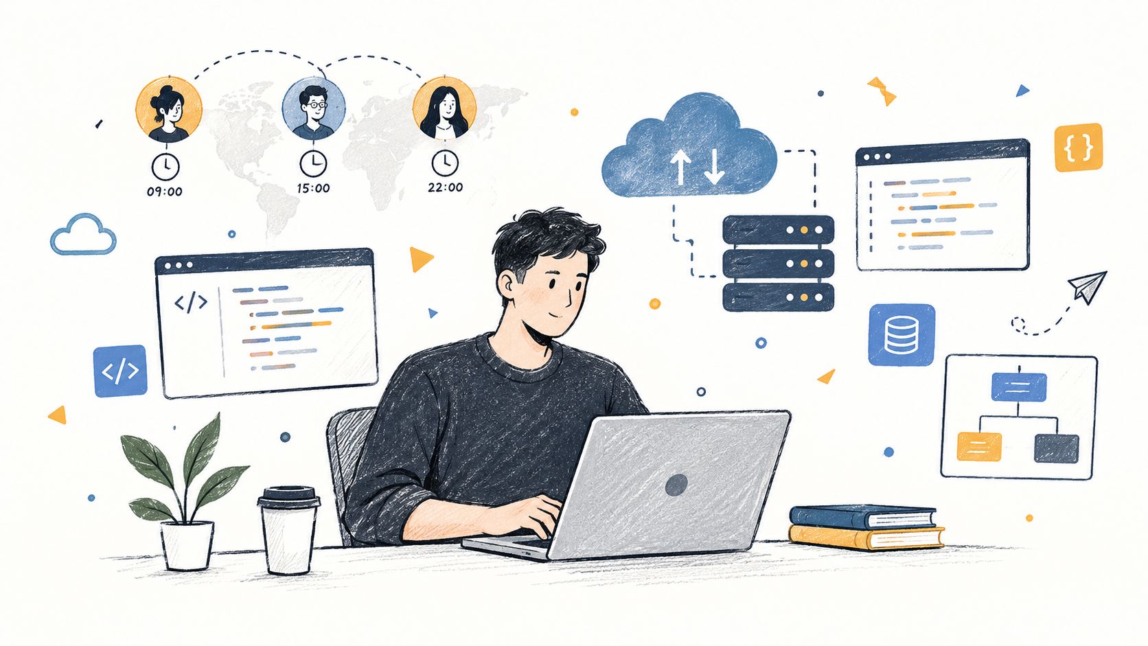A digital illustration of a young software developer coding on a laptop, surrounded by icons for remote collaboration and data systems.