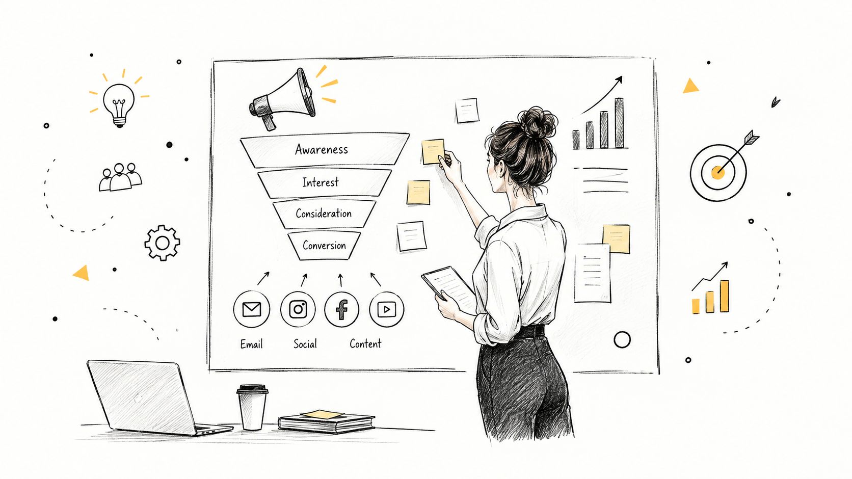 A professional woman planning a digital marketing strategy on a whiteboard with funnel diagrams and icons.