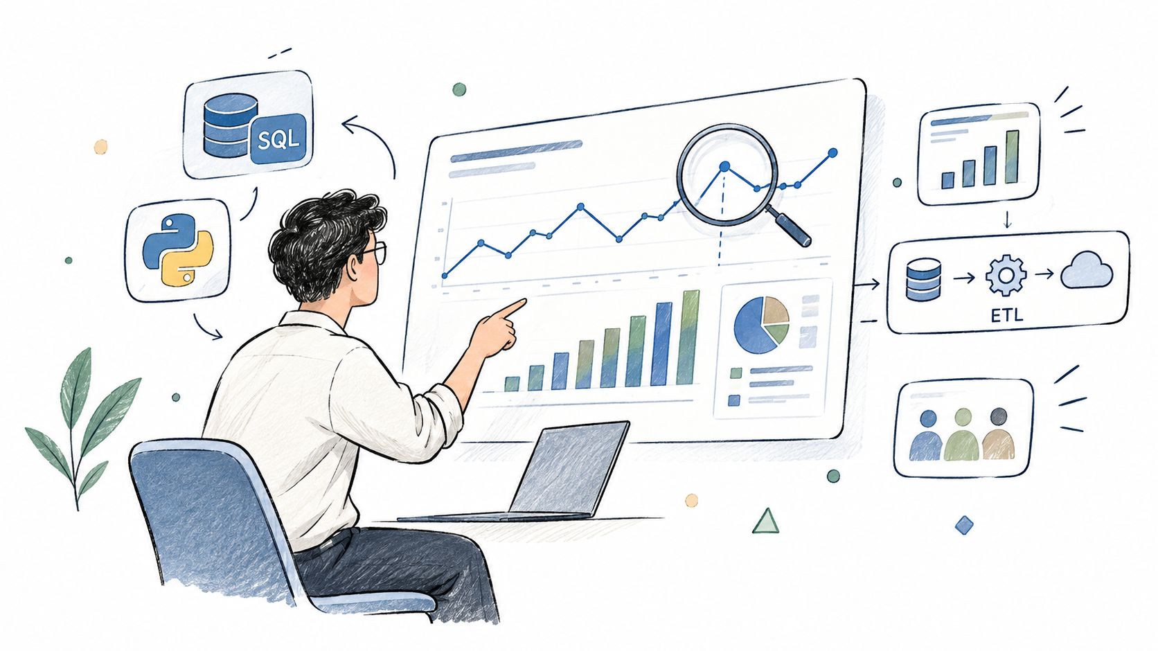 A professional analyzing data visualizations and business metrics on a large screen at a modern workstation.