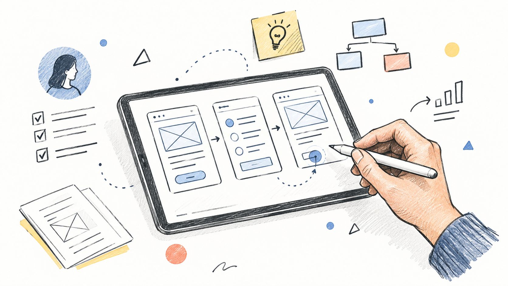 A hand using a digital pen to design user interface wireframes on a tablet screen.