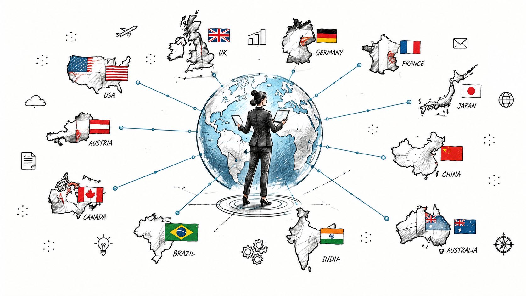 A businesswoman standing before a globe with lines connecting to various countries and their respective national flags.