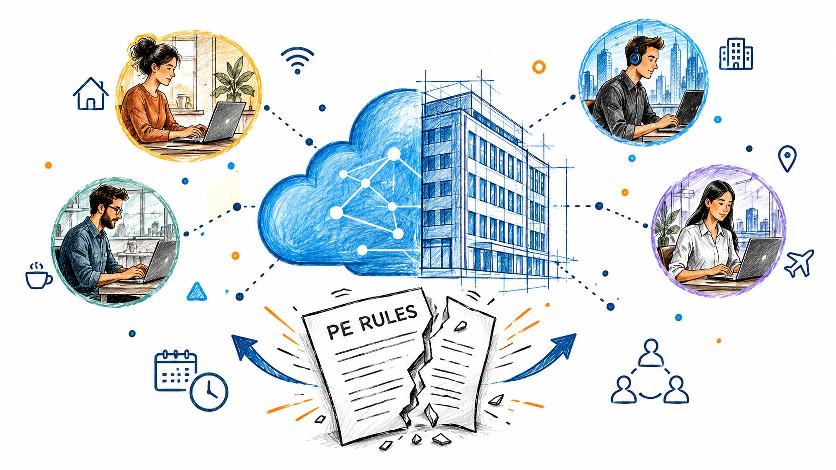 A digital illustration showing remote workers connected to a central building cloud, symbolizing permanent establishment risk.