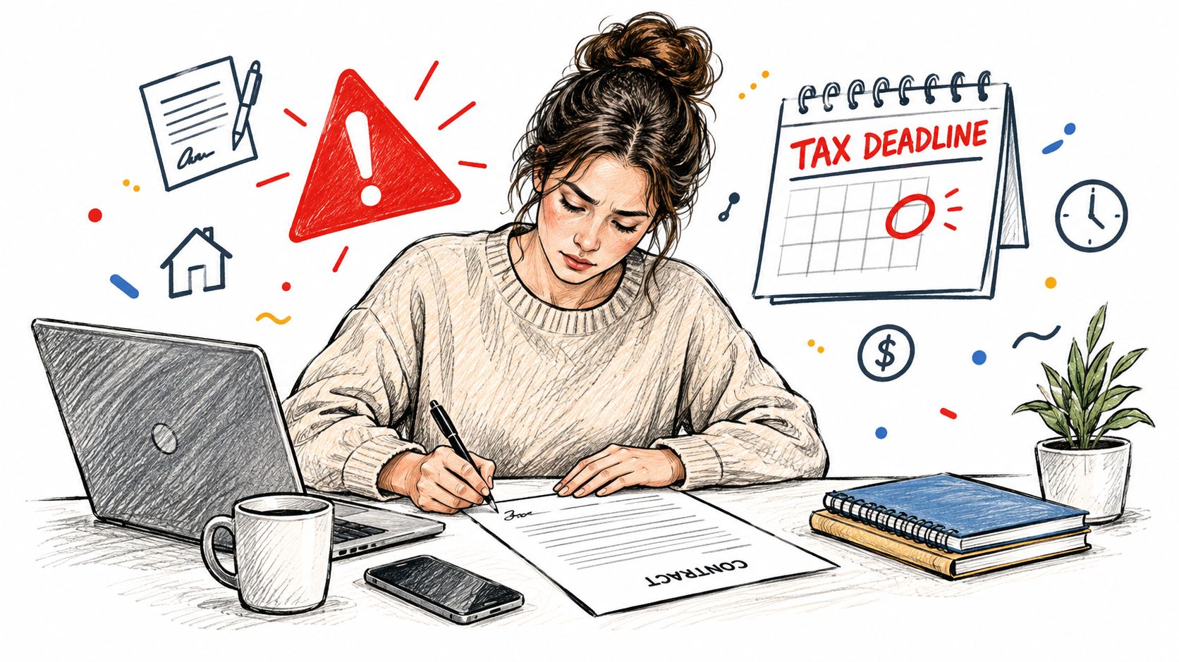 A woman sits at a desk signing a contract while surrounded by symbols of work and tax deadlines.